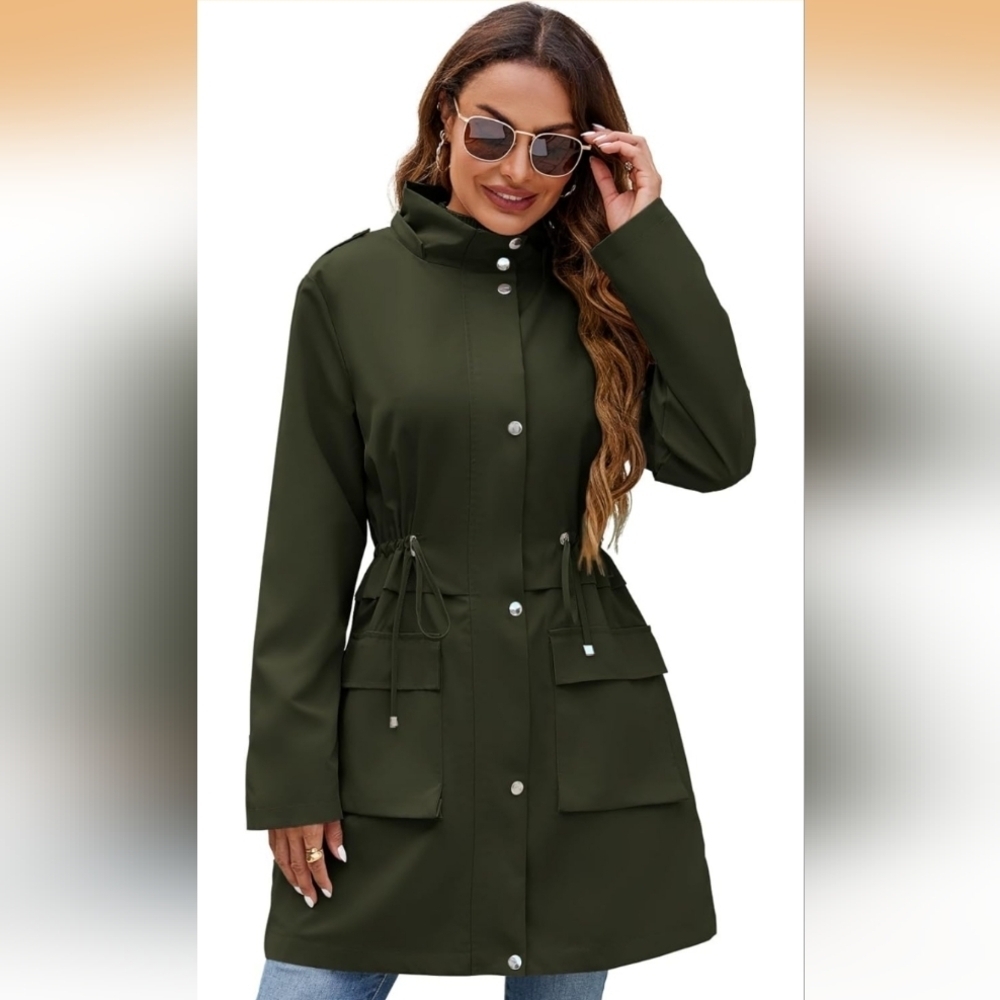 Mixxmix Olive Green Hooded Rain Jacket Trench L (EUC) - Picture 5 of 15